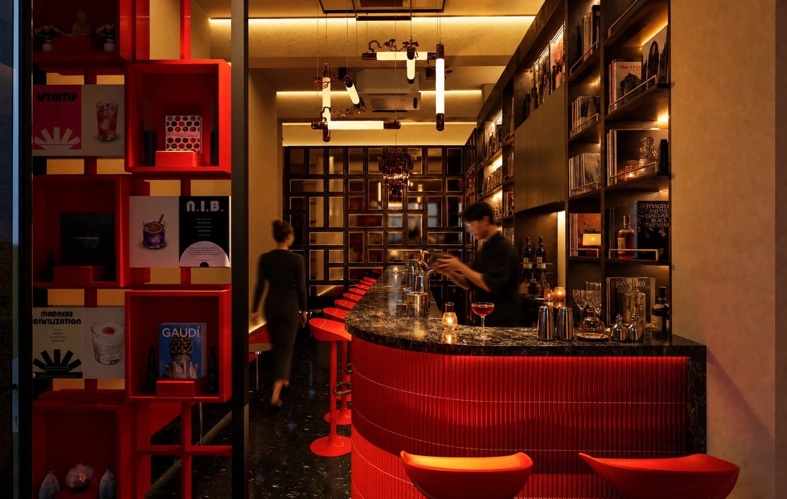 พื้นที่ภายใน Readio Bar พร้อมเคาน์เตอร์สีแดงและชั้นจัดแสดง